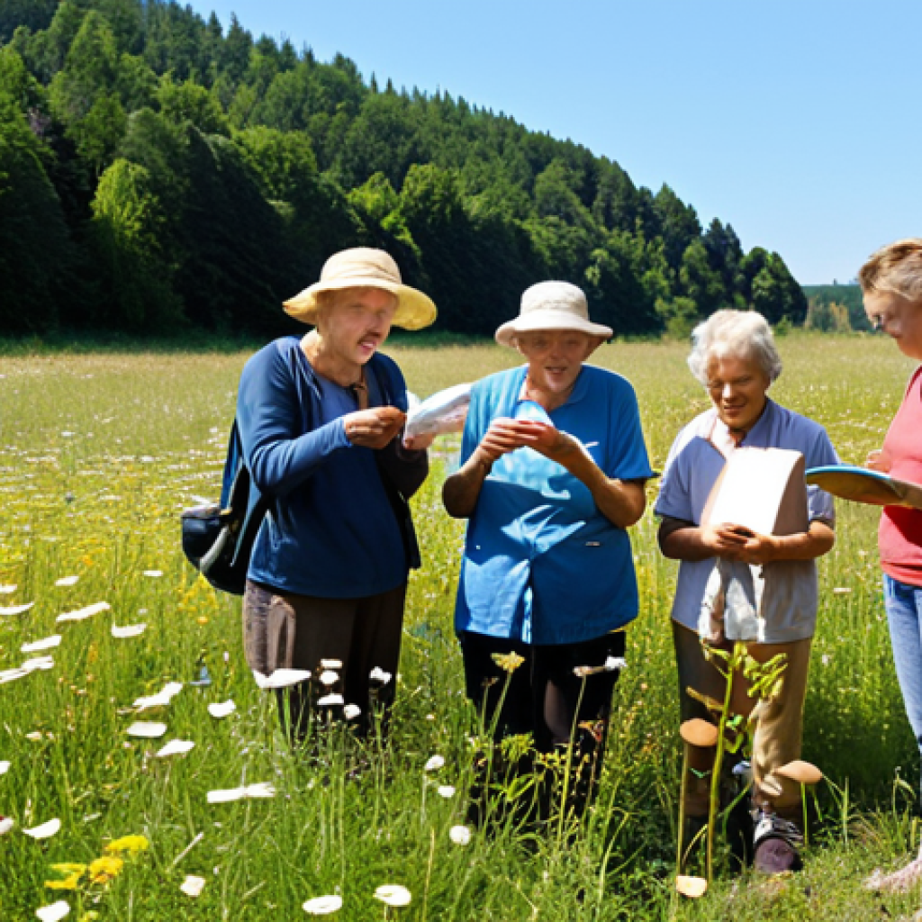 "A group of diverse volunteers, young and old, joyfully counting butterflies in a sunny meadow. Capture the collaborative spirit of citizen science. Include wildflowers and a clear blue sky. The focus is on education and community involvement in nature observation. A DSLR quality photograph. German countryside setting."