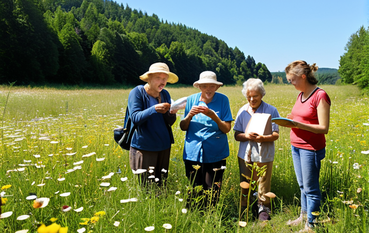 "A group of diverse volunteers, young and old, joyfully counting butterflies in a sunny meadow. Capture the collaborative spirit of citizen science. Include wildflowers and a clear blue sky. The focus is on education and community involvement in nature observation. A DSLR quality photograph. German countryside setting."