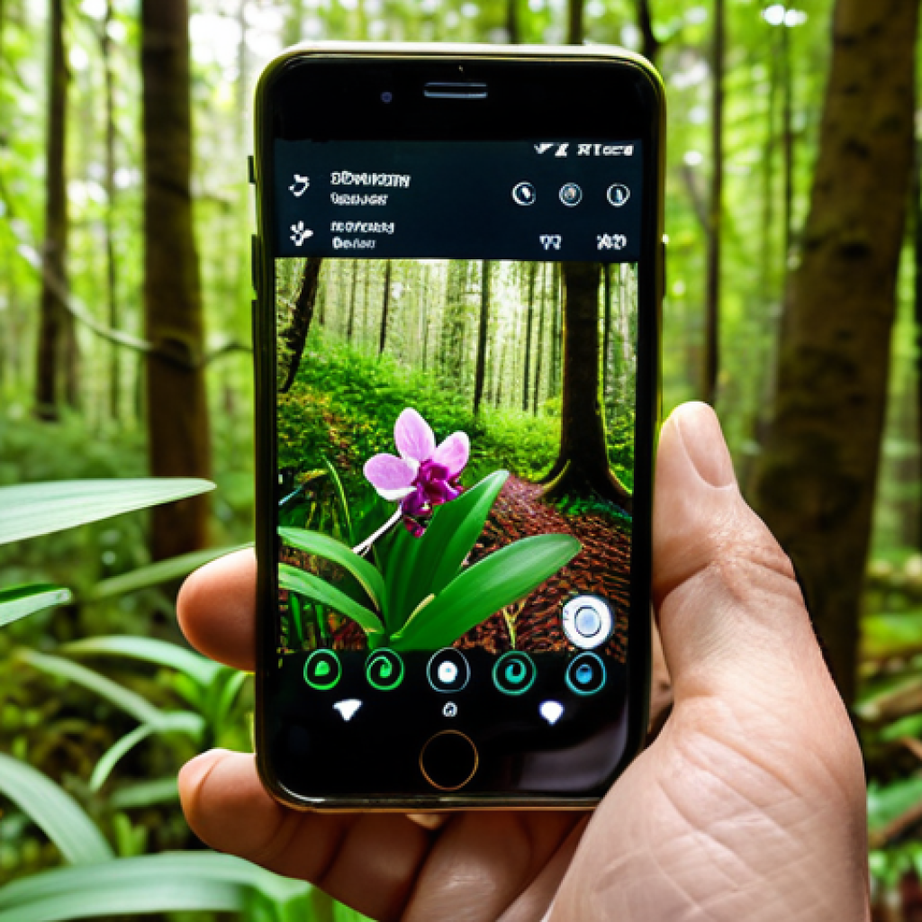 A focused citizen scientist, wearing a practical and modest outdoor jacket, is intently capturing a close-up photograph of a vibrant wild orchid using a smartphone in a sun-dappled forest. The smartphone screen displays an AI-powered species identification app interface with subtle digital overlays indicating real-time analysis. The background features lush, natural woodland, emphasizing biodiversity. The individual has perfect anatomy, correct proportions, and a natural pose, with well-formed hands and proper finger count. The overall image is high-quality, professional photography, safe for work, appropriate content, fully clothed, modest, and family-friendly.