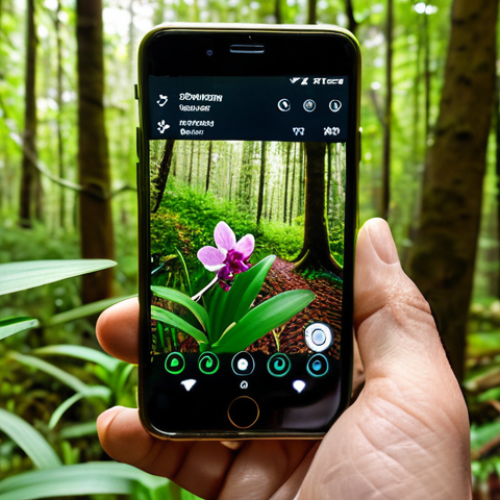 Home 6 A focused citizen scientist, wearing a practical and modest outdoor jacket, is intently capturing a close-up photograph of a vibrant wild orchid using a smartphone in a sun-dappled forest. The smartphone screen displays an AI-powered species identification app interface with subtle digital overlays indicating real-time analysis. The background features lush, natural woodland, emphasizing biodiversity. The individual has perfect anatomy, correct proportions, and a natural pose, with well-formed hands and proper finger count. The overall image is high-quality, professional photography, safe for work, appropriate content, fully clothed, modest, and family-friendly.