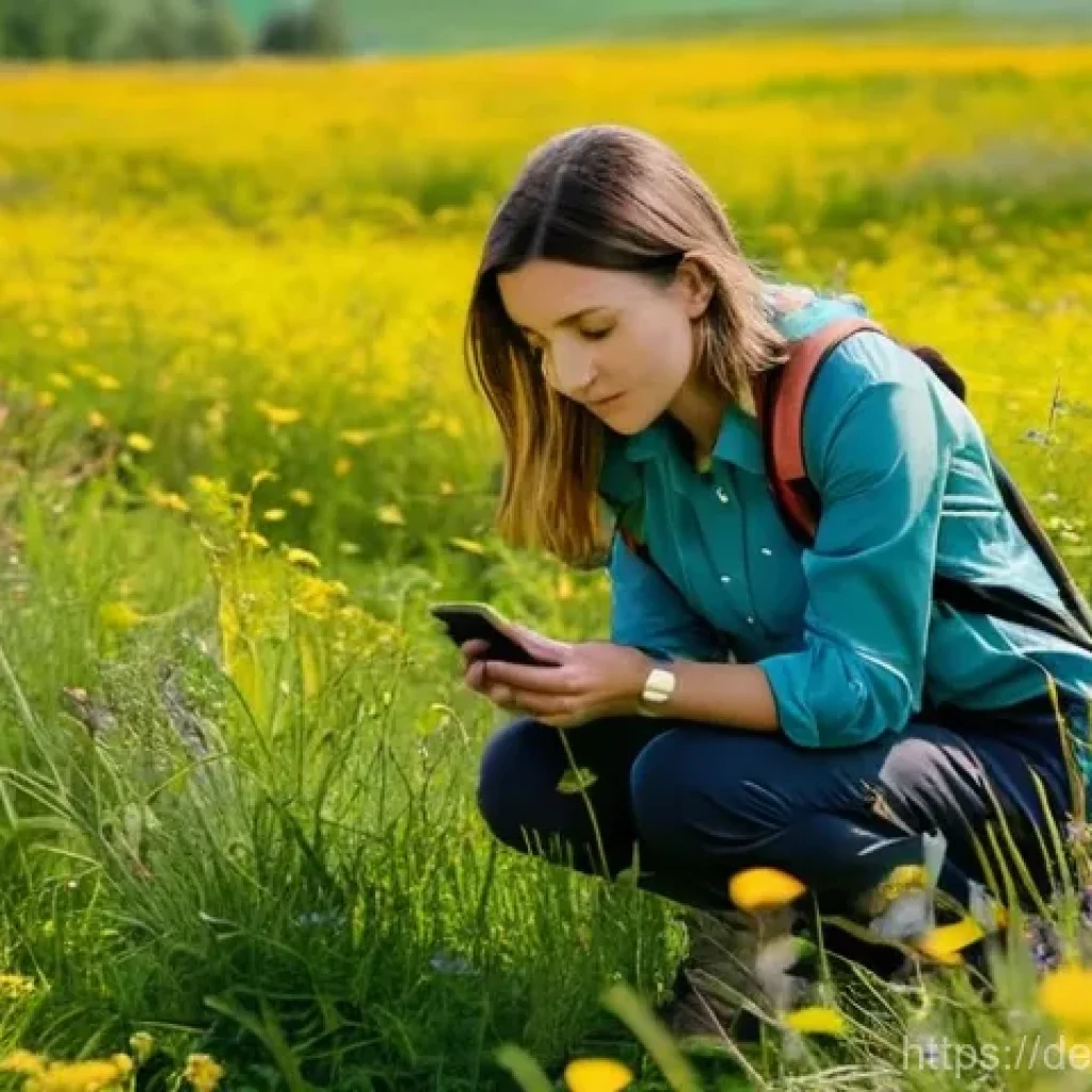 생물종 관찰 기록의 활용 범위 확대 전략 - A curious young woman in her late 20s, dressed in practical outdoor clothing (a long-sleeved shirt a...