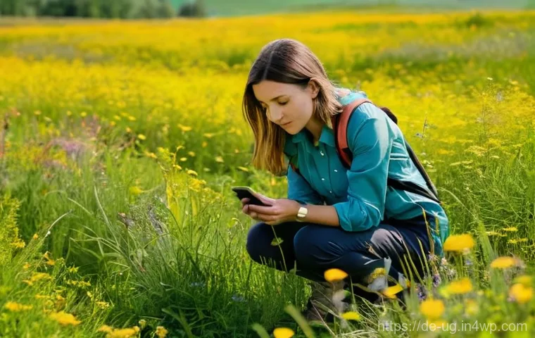 생물종 관찰 기록의 활용 범위 확대 전략 - A curious young woman in her late 20s, dressed in practical outdoor clothing (a long-sleeved shirt a...
