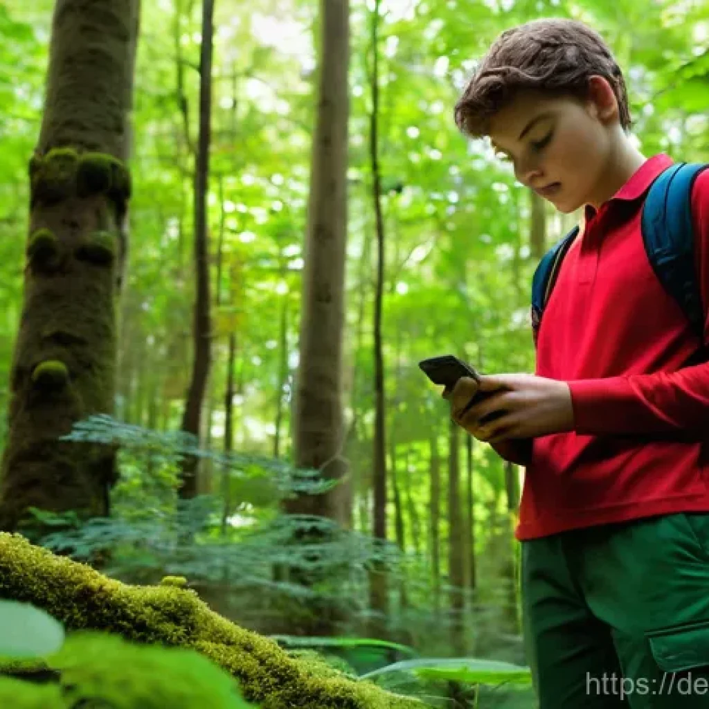 환경 보호를 위한 생물종 관찰 기록의 역할 - **Prompt:** A young adult, around 18 years old, with a diverse background, standing thoughtfully in ...