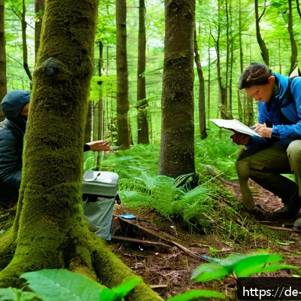 생물종 관찰 기록의 통계적 분석 기법 - A detailed field research scene showing a diverse group of ecologists conducting biodiversity survey...