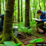 생물종 관찰 기록의 통계적 분석 기법 - A detailed field research scene showing a diverse group of ecologists conducting biodiversity survey...
