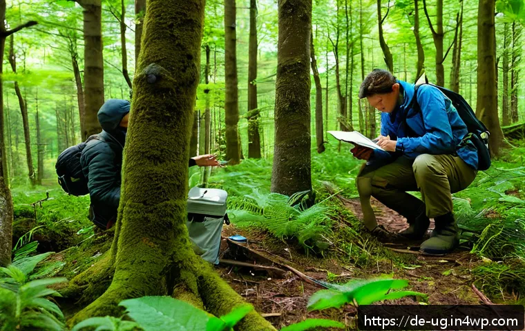 생물종 관찰 기록의 통계적 분석 기법 - A detailed field research scene showing a diverse group of ecologists conducting biodiversity survey...