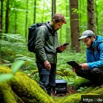 생물종 관찰 기록의 비용 효율성 분석 - A detailed scene of a diverse team of wildlife researchers in a lush European forest setting, equipp...
