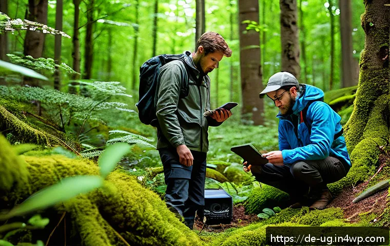 생물종 관찰 기록의 비용 효율성 분석 - A detailed scene of a diverse team of wildlife researchers in a lush European forest setting, equipp...