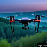 생물종 관찰 기록 시스템의 상업적 활용 가능성 - A high-tech drone flying over a dense German forest during twilight, equipped with a thermal imaging...