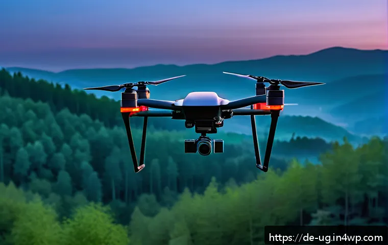 생물종 관찰 기록 시스템의 상업적 활용 가능성 - A high-tech drone flying over a dense German forest during twilight, equipped with a thermal imaging...