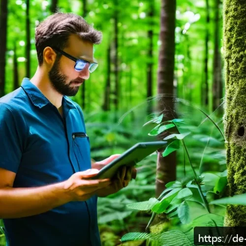 생물종 관찰 기록 시스템의 비용 효과 분석 - A detailed scene showing a modern biodiversity monitoring setup in a dense German forest: automated ...