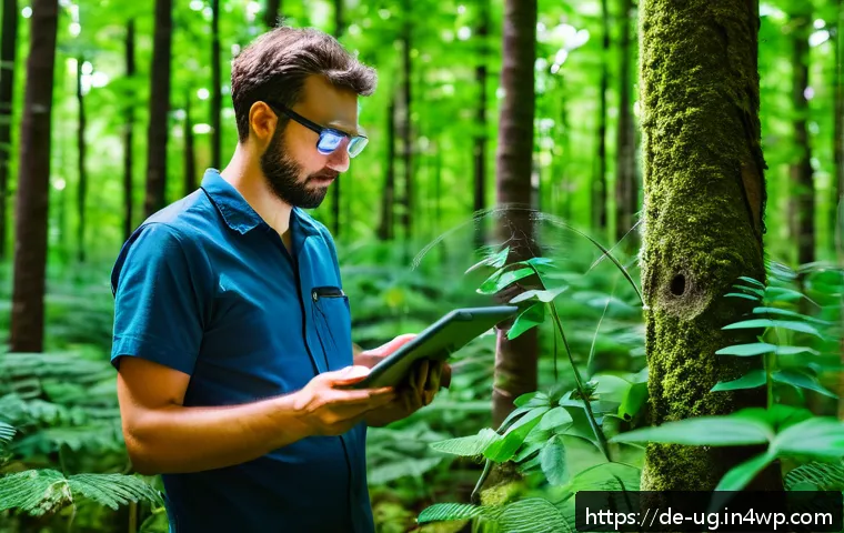 생물종 관찰 기록 시스템의 비용 효과 분석 - A detailed scene showing a modern biodiversity monitoring setup in a dense German forest: automated ...