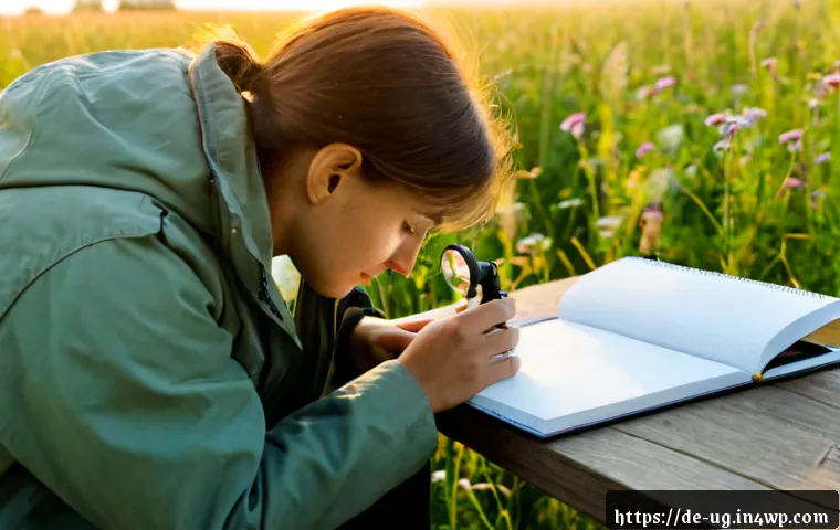 Home 17 생물종 관찰 기록을 통한 생물 다양성 연구 - Photorealistic field biologist in a Central European meadow at sunrise, carefully photographing a bu...
